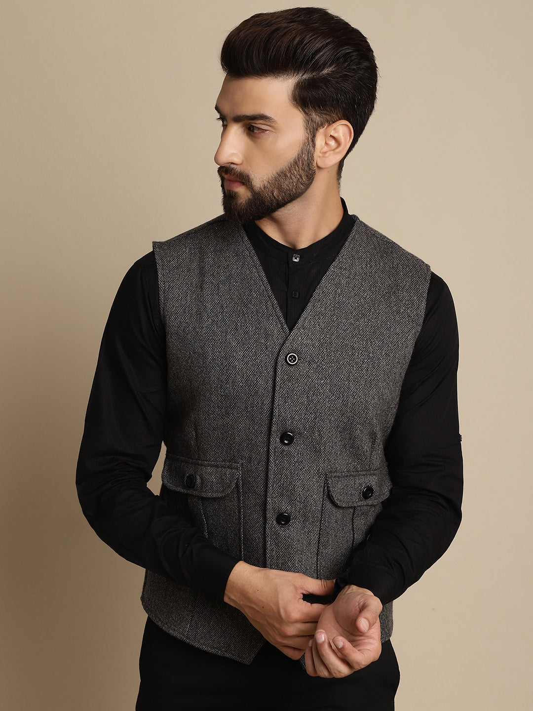 Even Apparels Men's Grey Woolen Waistcoat With Patch Pocket | Grocsy