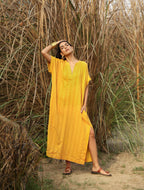 trueBrowns Mustard Cotton Dobby Oversized Dress | Grocsy