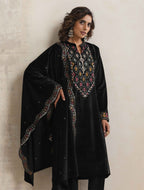 trueBrowns Black Velvet Geometric Embroidered Kurta Pant Dupatta Set | Grocsy
