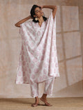 trueBrowns Pink Big Buta On White Print Cotton Panel Kaftan Kurta Pant Set | Grocsy