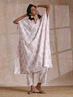 trueBrowns Pink Big Buta On White Print Cotton Panel Kaftan Kurta Pant Set | Grocsy