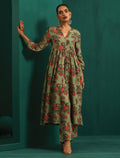 trueBrowns Green Floral Muslin Silk Printed Front Slit Kurta Pant Set | Grocsy