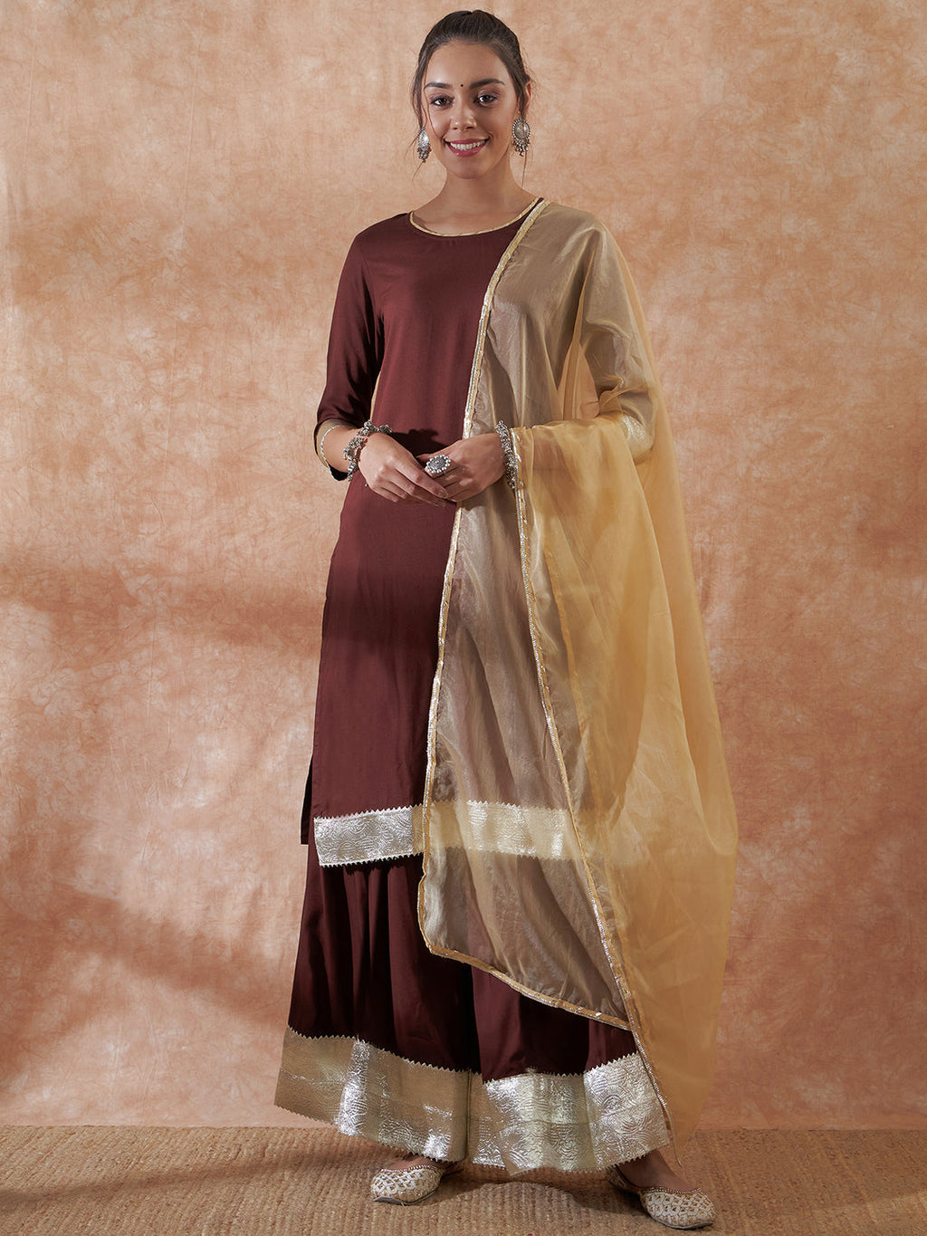 InWeave Women's Brown Gota Work Anarkali Kurta Set W Dupatta | Grocsy