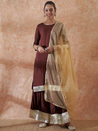 InWeave Women's Brown Gota Work Anarkali Kurta Set W Dupatta | Grocsy