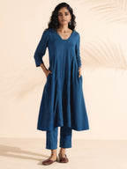 trueBrowns Blue Cotton Dobby Flared Kurta Pant Set | Grocsy