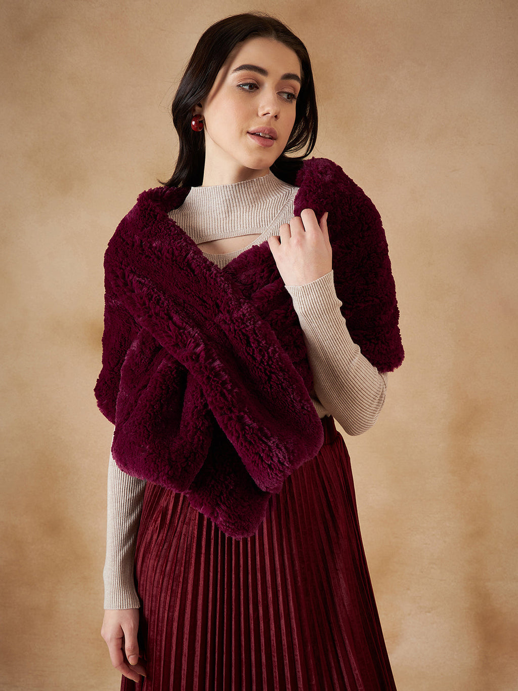 InWeave Women's Burgundy Long Faux Fur Cape | Grocsy