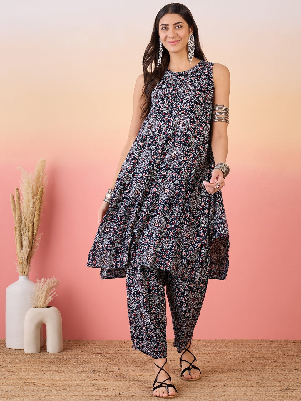 InWeave Navy Maroon Ajrakh Foil Round Neck Kurta Pant Set | Grocsy