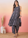 InWeave Navy Maroon Ajrakh Foil Round Neck Kurta Pant Set | Grocsy