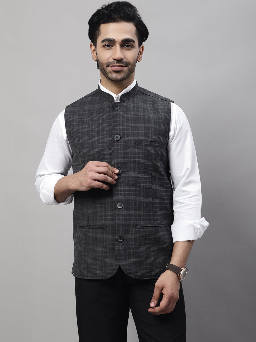 Even Apparels Men's Grey Nehru Jacket With Welt Pockets | Grocsy