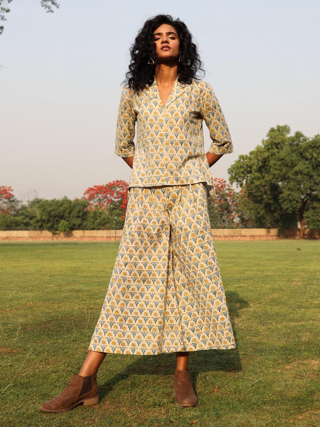 trueBrowns Light Sage Cotton Block Print Lapel Shirt Co-Ord Set | Grocsy
