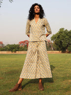 trueBrowns Light Sage Cotton Block Print Lapel Shirt Co-Ord Set | Grocsy