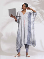 trueBrowns Off-White Cotton Multi Stripe Flared Kurta Set | Grocsy