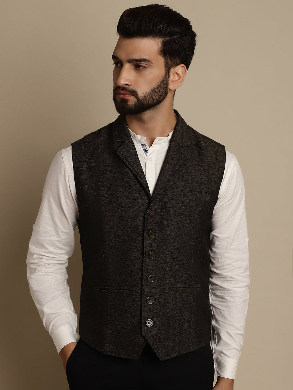 Even Apparels Men's Brown Wool Waistcoat with Notched Lapel | Grocsy