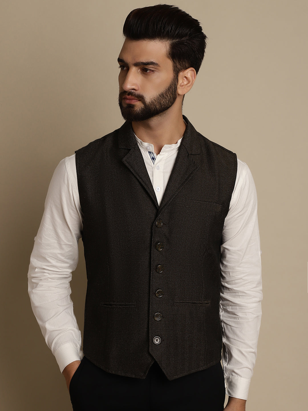 Even Apparels Men's Brown Wool Waistcoat with Notched Lapel | Grocsy