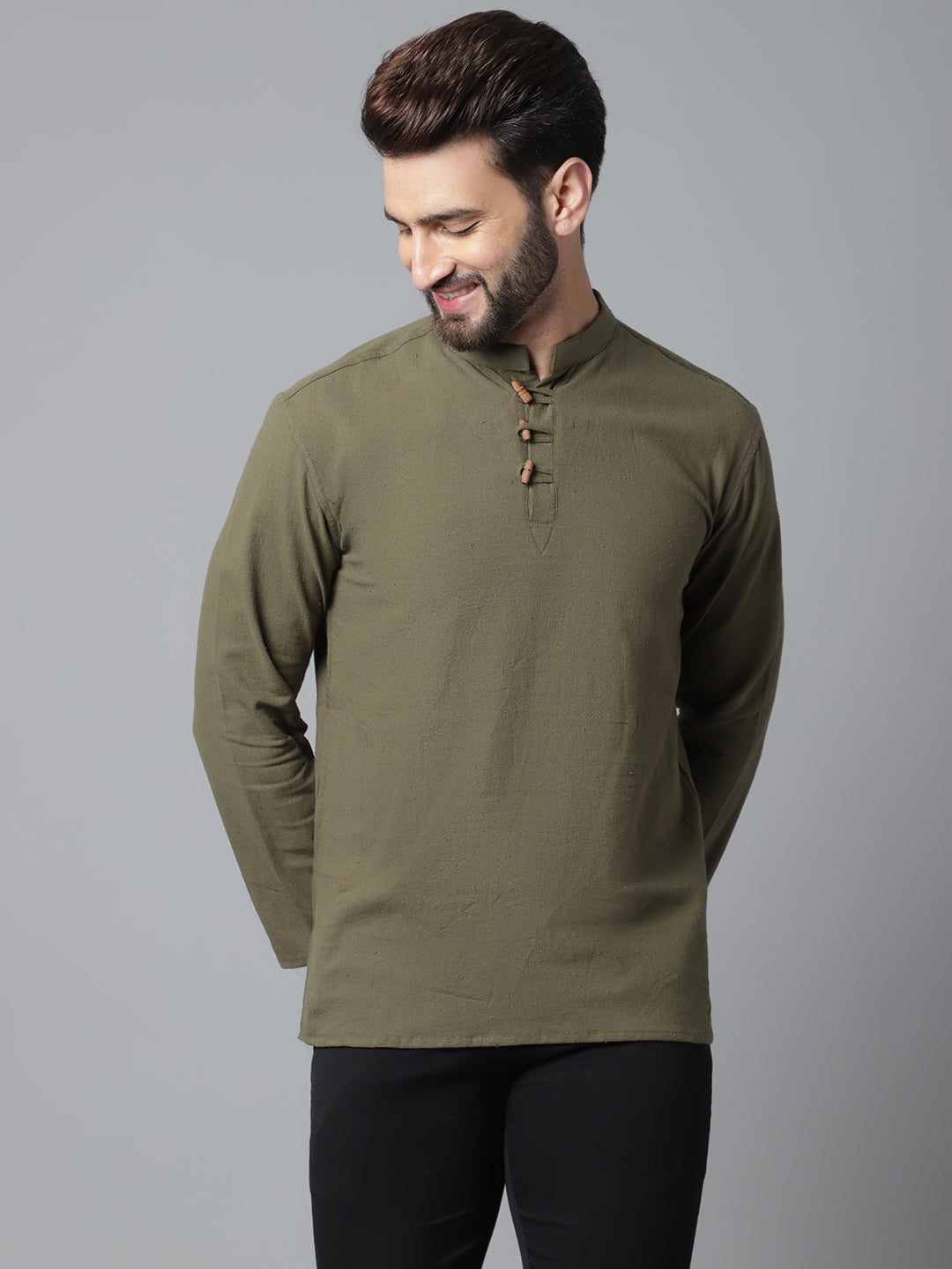 Indian Clothing Even Apparels Green Pure Cotton Kurta With Band Collar | Grocsy