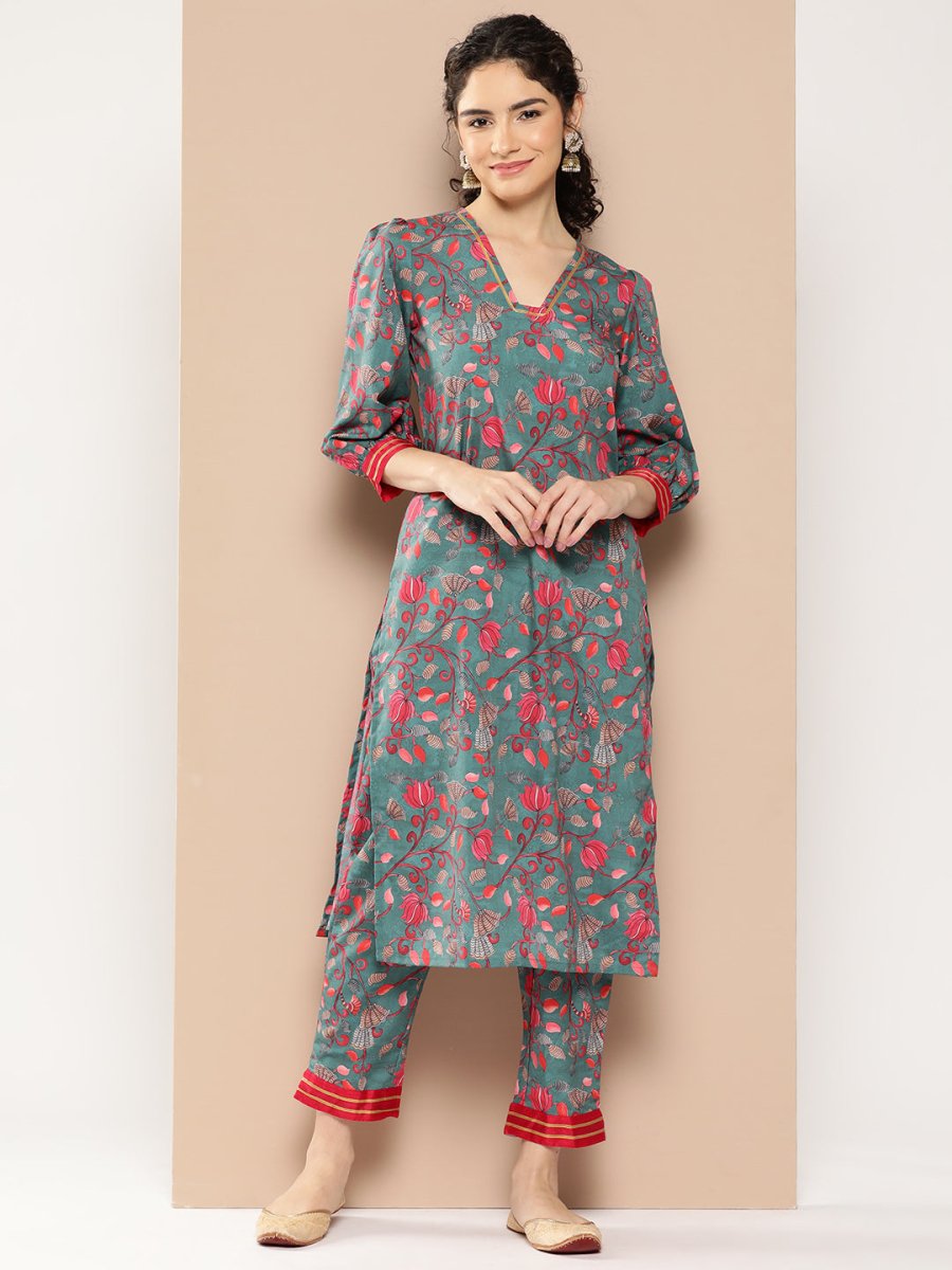Ahalyaa Women Floral Printed Regular Gotta Patti Kurta with Trousers | Grocsy