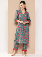 Ahalyaa Women Floral Printed Regular Gotta Patti Kurta with Trousers | Grocsy