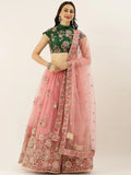 Tulsi Art Peach & Green Embroidered Semi-Stitched Lehenga & Unstitched Blouse With Dupatta | Grocsy