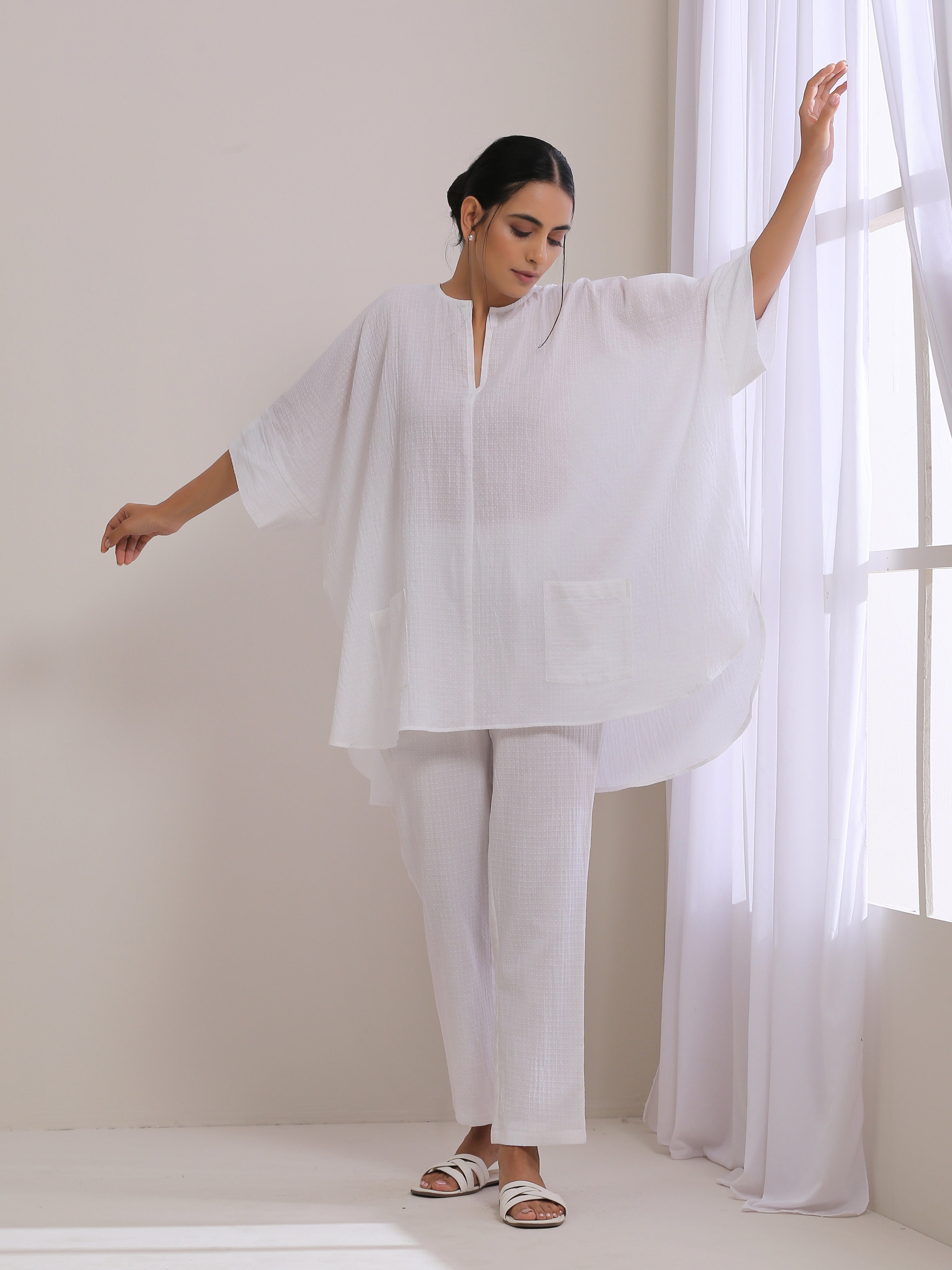 trueBrowns White Dobby Boxy Fit High Low Co-Ord Set | Grocsy