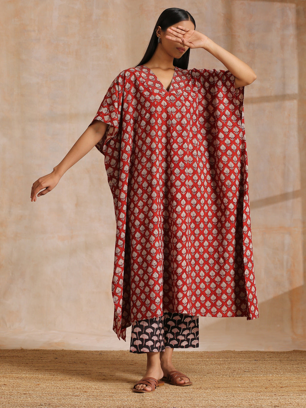 trueBrowns Rust Red Bagru Floral Print Cotton Panel Kaftan Kurta Pant Set | Grocsy