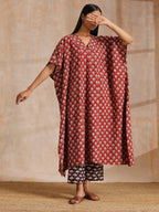 trueBrowns Rust Red Bagru Floral Print Cotton Panel Kaftan Kurta Pant Set | Grocsy