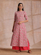 trueBrowns Pink Brown Overall Floral On White Block Print Cotton Slit Kurta Pant Set | Grocsy