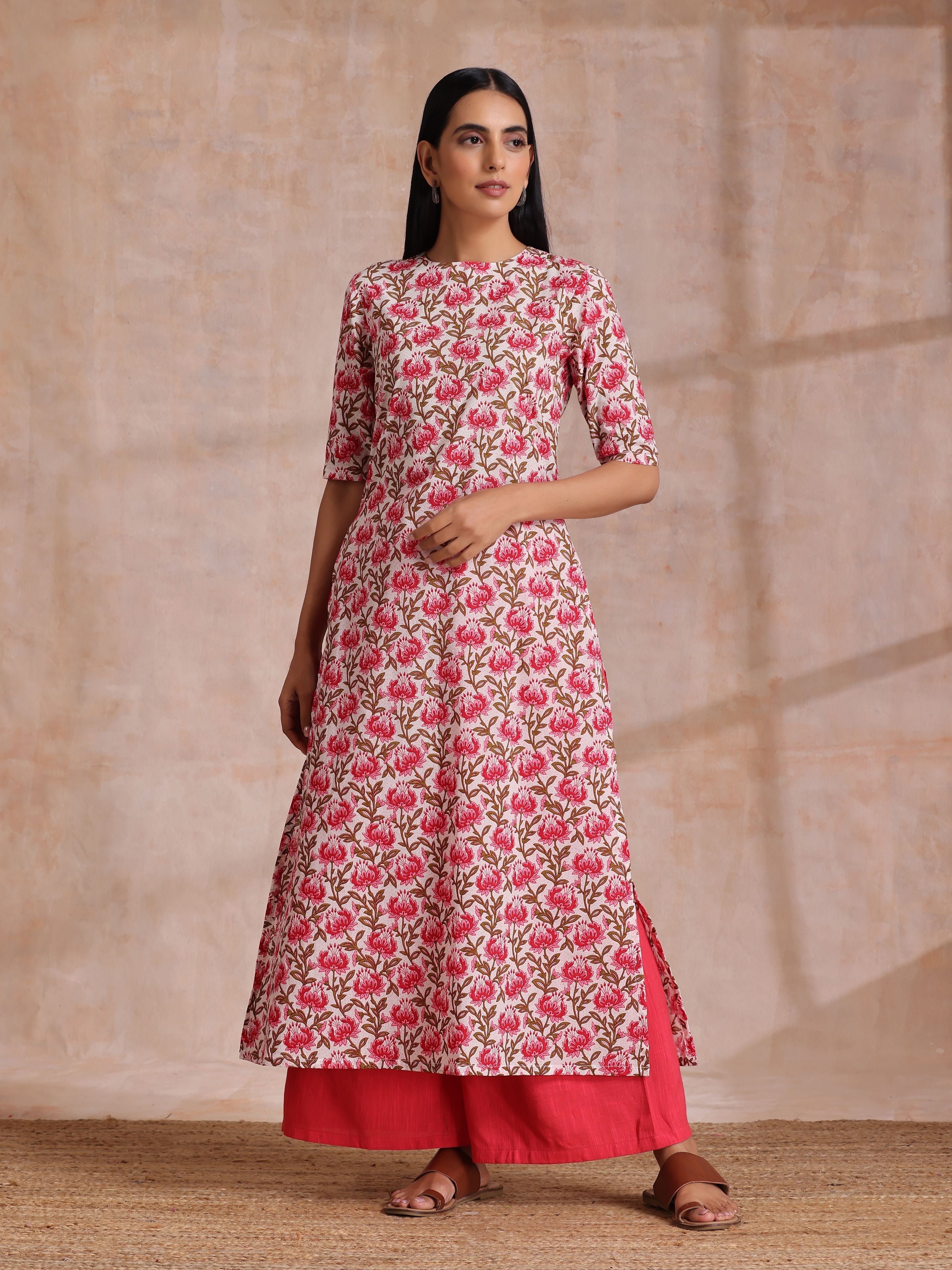 trueBrowns Pink Brown Overall Floral On White Block Print Cotton Slit Kurta Pant Set | Grocsy