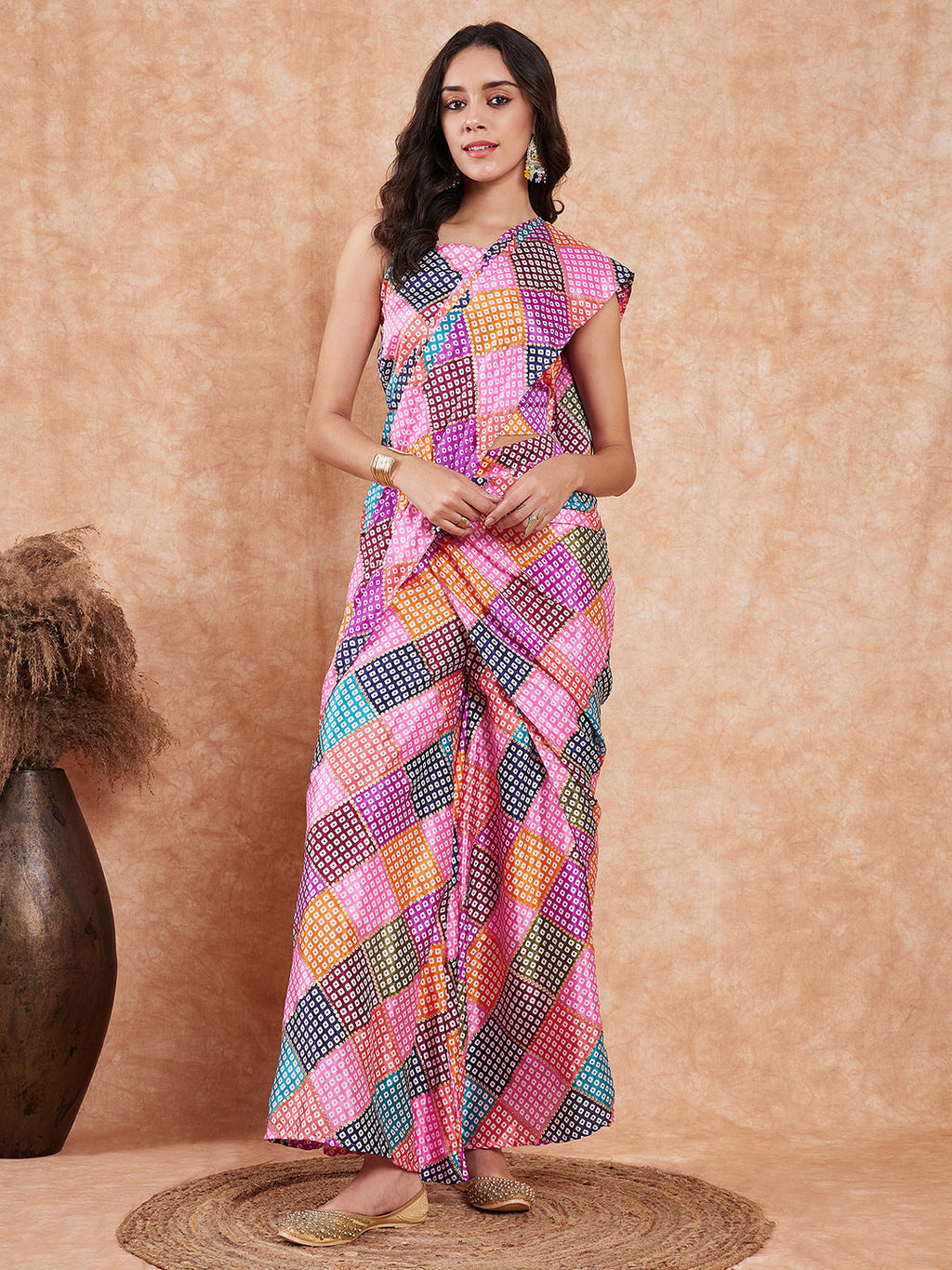 InWeave Women's Pink Square Multi Badhani Palazzo Saree | Grocsy