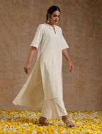 trueBrowns Ivory Gold Cotton Relaxed High-Low Kurta Set | Grocsy