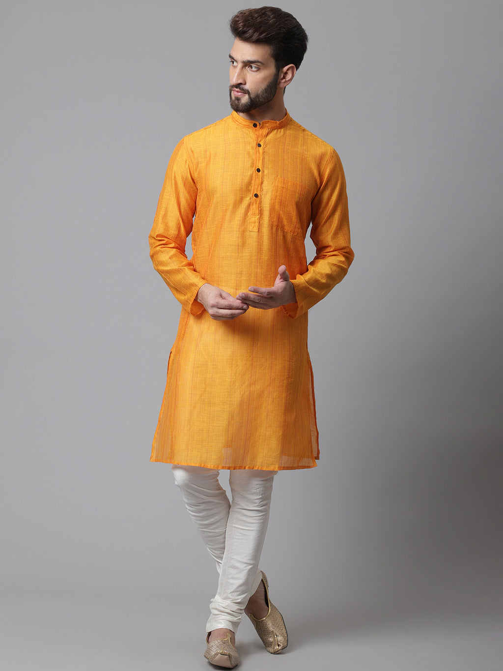Even Apparels Yellow Check Kurta With Band Collar | Grocsy