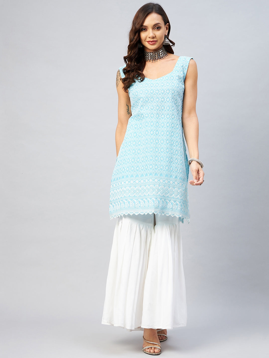 InWeave Women's Sky Blue Sweetheart Neckline Kurta | Grocsy