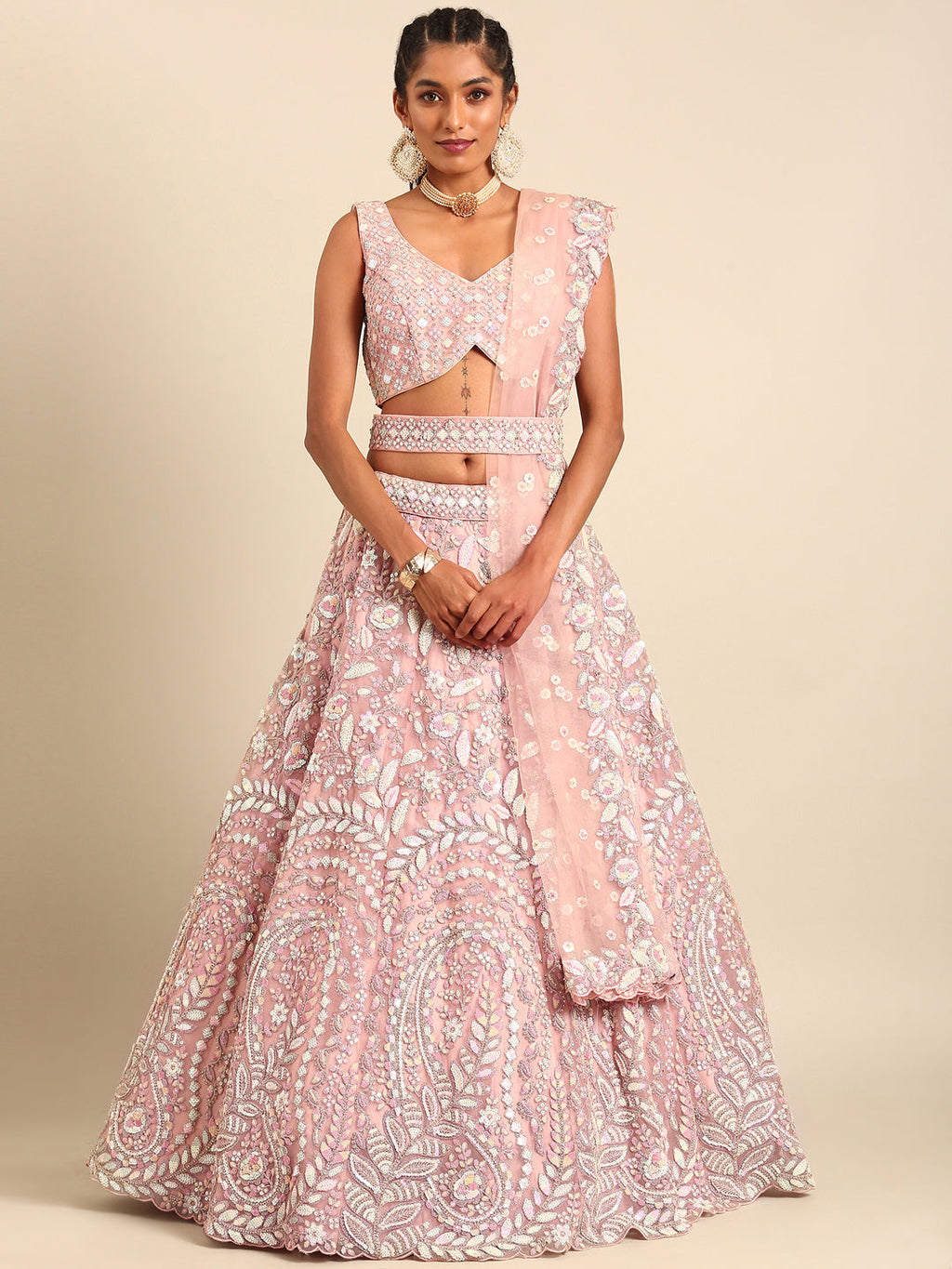 House of Panchhi Pink Net Multi Sequins with heavy Zarkan embroidery Lehenga choli & Dupatta | Grocsy