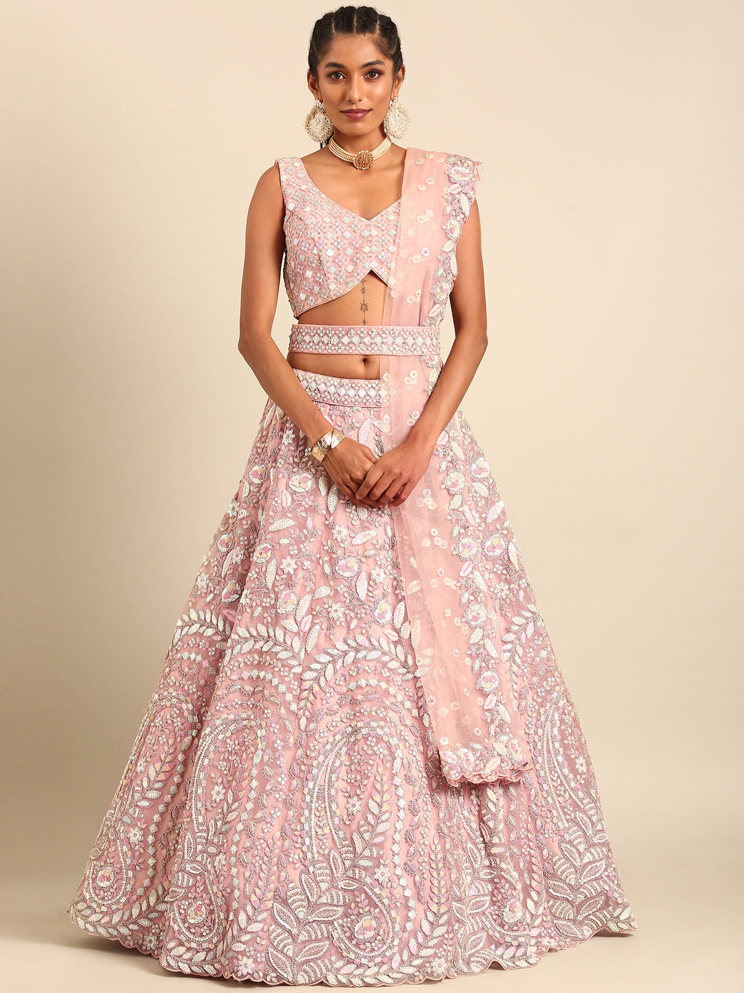 House of Panchhi Pink Net Multi Sequins with heavy Zarkan embroidery Lehenga choli & Dupatta | Grocsy