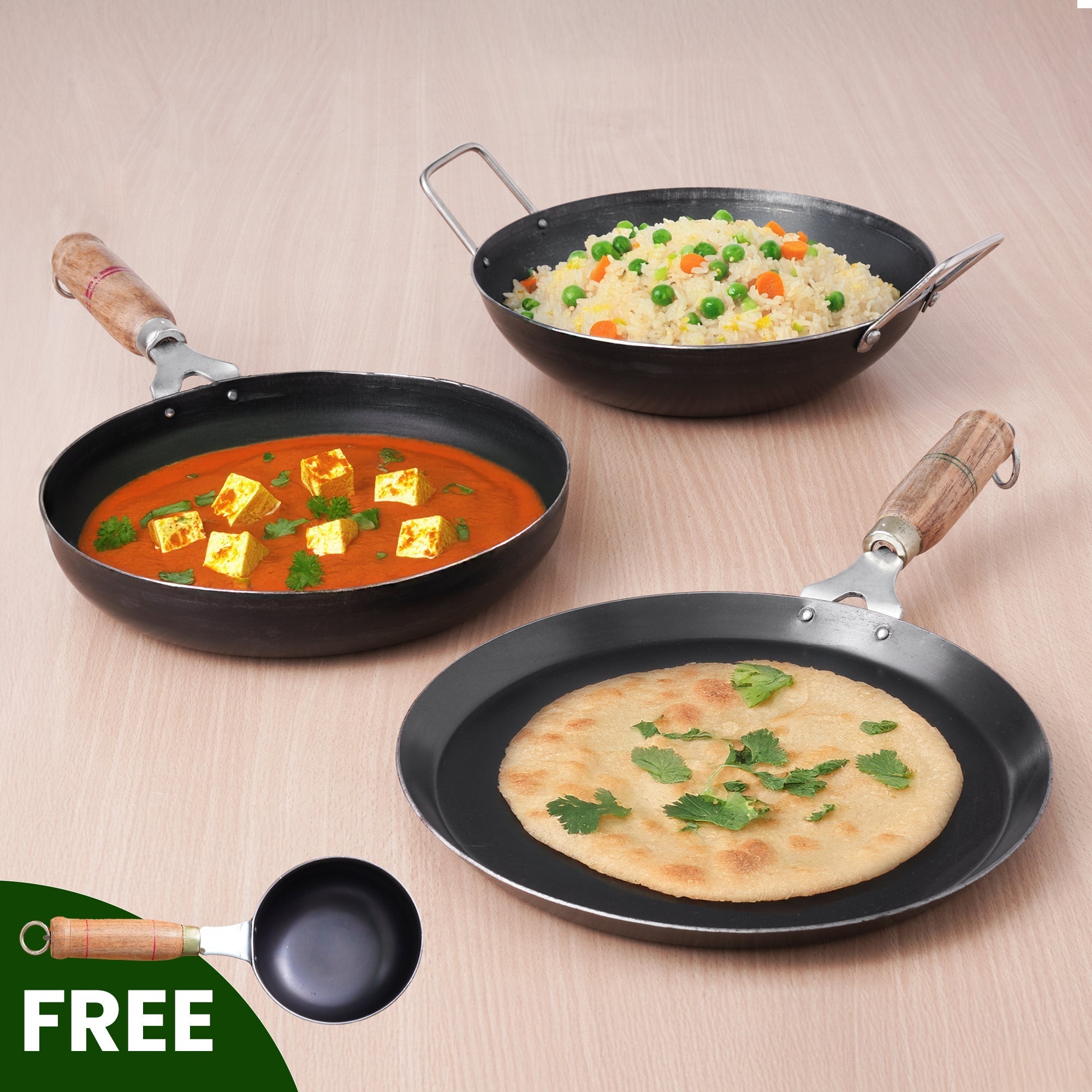 The Indus Valley 100% Pure Iron Cookware Set: Kadai+ Tawa+ Fry Pan, Toxin-free Sheet Iron, Pre-seasoned, Induction & Gas, Kitchen Set for Home, Tadka Pan | Grocsy