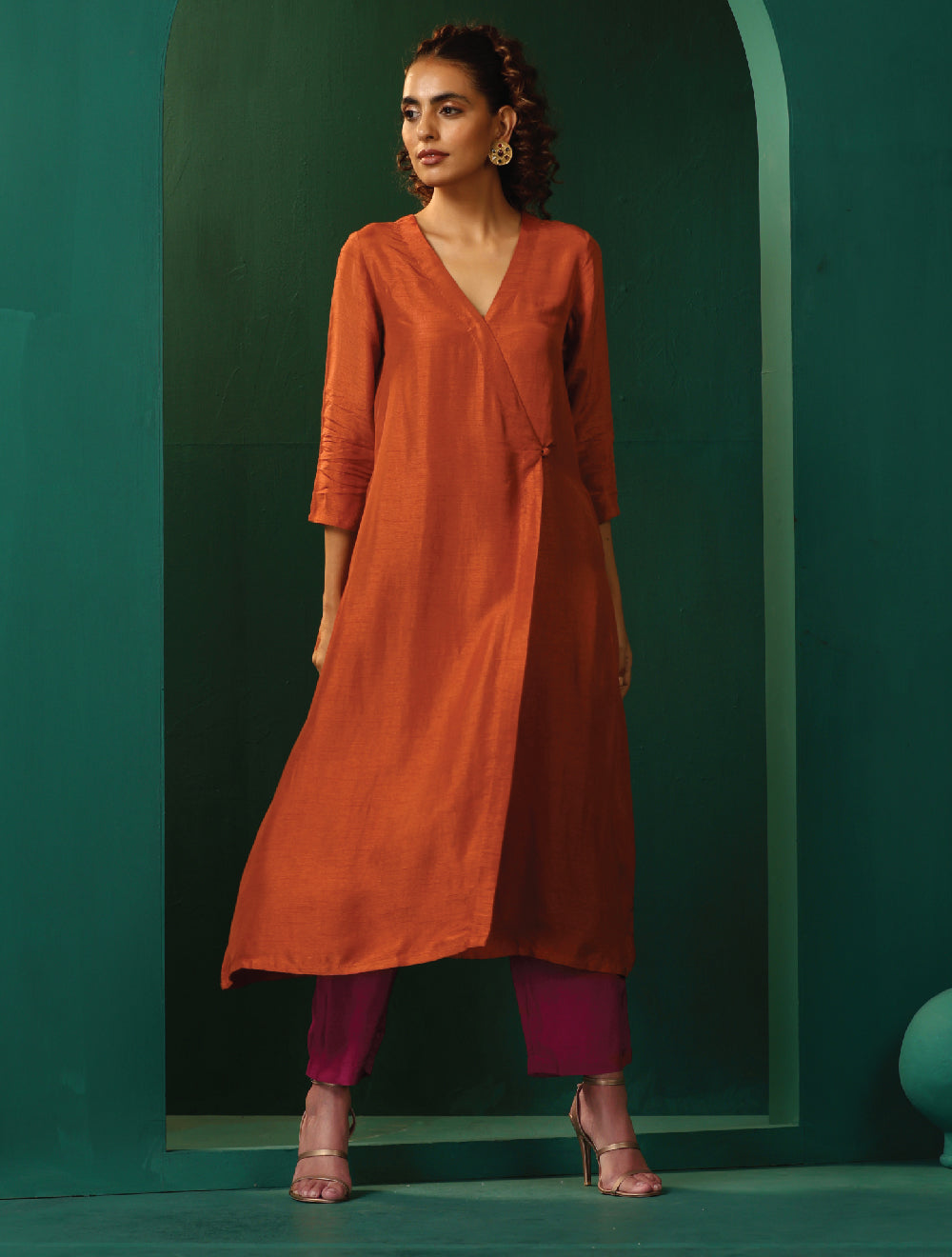 trueBrowns Rust Silk Angrakha Kurta Pant Set | Grocsy