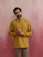 trueBrowns Men's Mustard Cotton Mandarin Collar Stylized Kurta | Grocsy