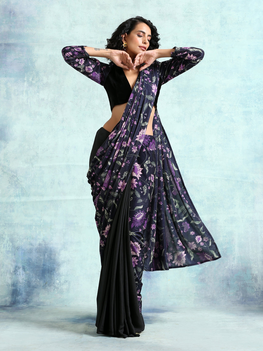 trueBrowns Black Printed Velvet Ready to Wear Saree | Grocsy