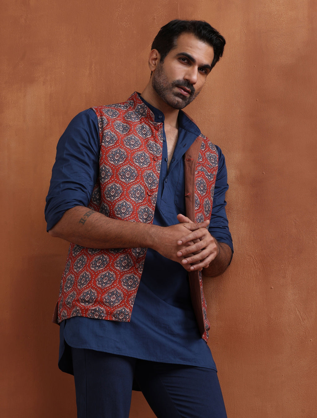 trueBrowns Men's Rust Printed Reversible Nehru Jacket | Grocsy