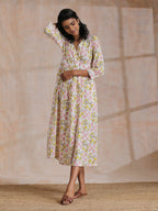 trueBrowns Pink Yellow Floral On White Block Print Cotton Wrap Dress | Grocsy