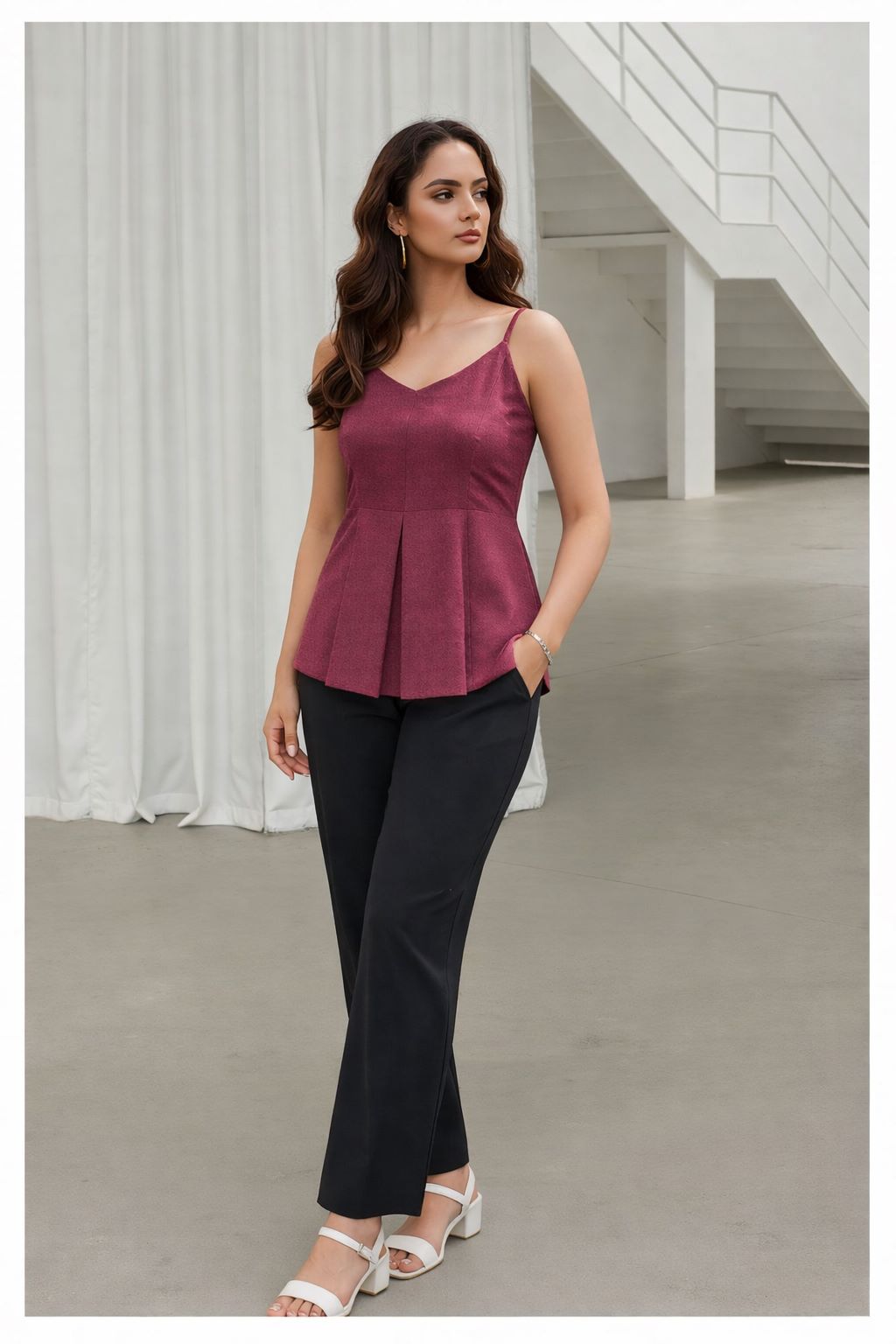 Myshka Women Mauve Linen Shoulder Strap Pleated Top | Grocsy