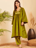 InWeave Women's Olive V Neck Asymmetrical Pleated Velvet Kurta Set | Grocsy