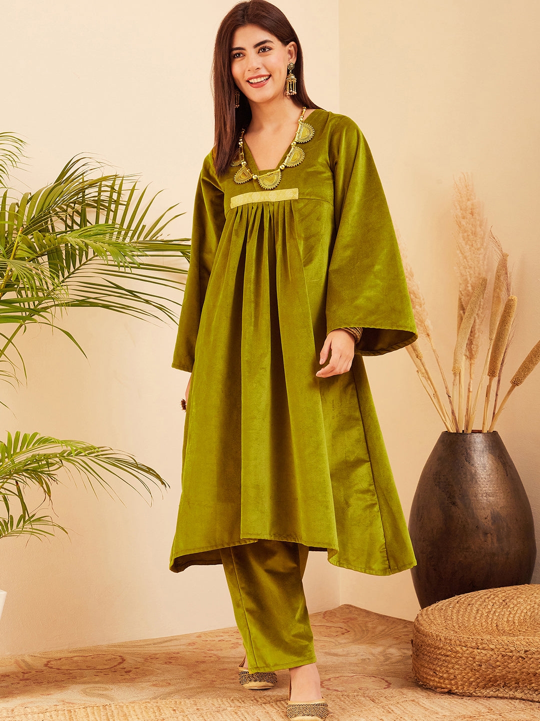 InWeave Women's Olive V Neck Asymmetrical Pleated Velvet Kurta Set | Grocsy