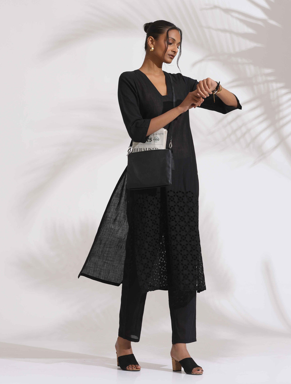 trueBrowns Black Cotton Schiffli Kurta Set | Grocsy