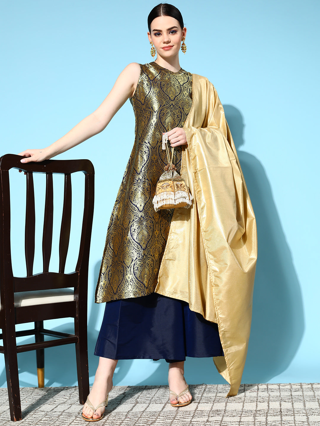 InWeave Women's Blue Banarasi Halter Kurta Set With Golden Dupatta | Grocsy
