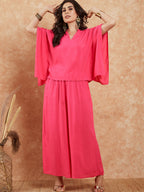 InWeave Women's Fuchsia Solid Collar Neck Boho Top Bottom Set | Grocsy