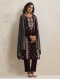 trueBrowns Purple Velvet Embroidered Kurta Pant Dupatta Set | Grocsy