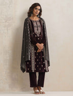 trueBrowns Purple Velvet Embroidered Kurta Pant Dupatta Set | Grocsy