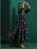 trueBrowns Deep Blue Floral Bunch Muslin Silk Printed V-Neck Waist Gathered Kurta Pant Set | Grocsy