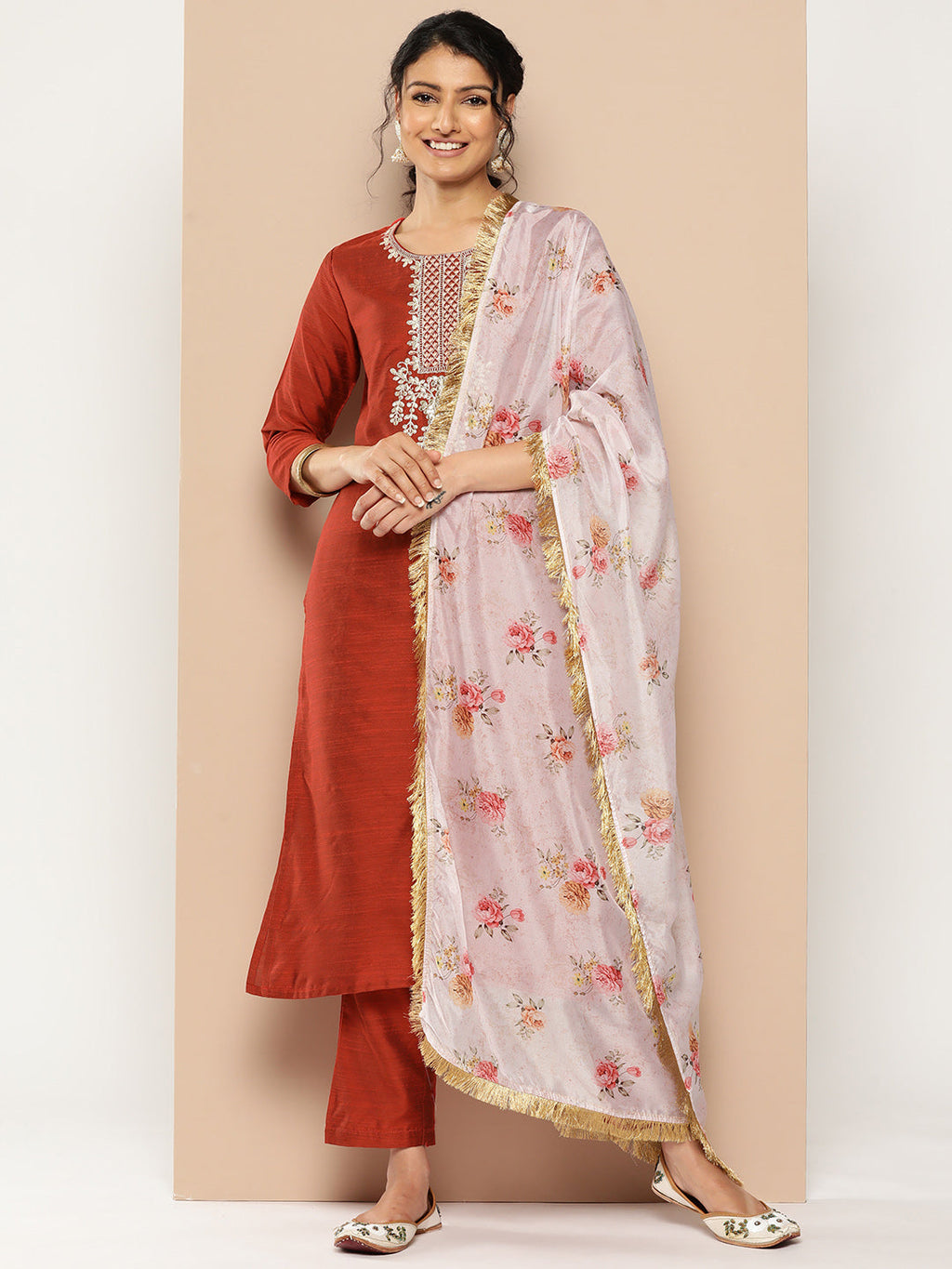 KSUT (House of Varanga) Embroidered Kurta Paired With Pant And Printed Dupatta With Zari Fringes | Grocsy