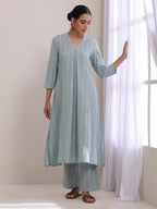 trueBrowns Eggshell Blue Dobby Neck Pleat Kurta Pant Set | Grocsy